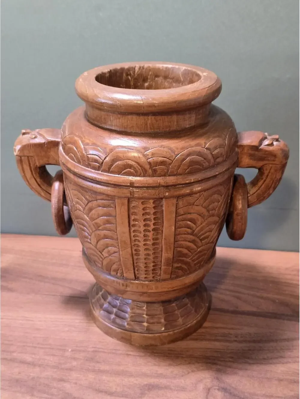 Vintage Hand Carved Wood Amphora Vase with Rings